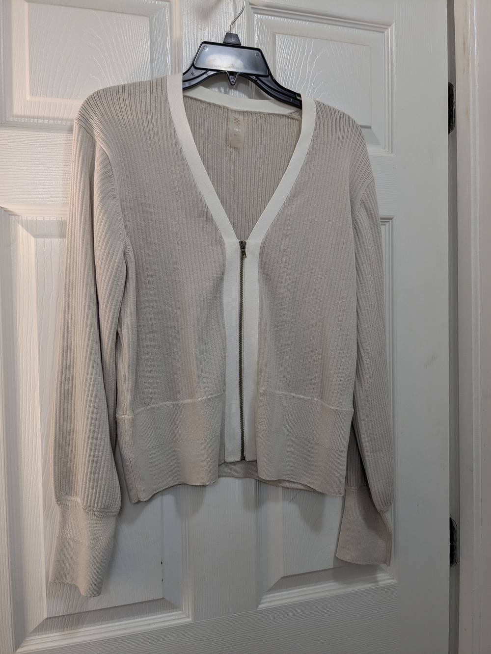 RHONE Cream Zip Ribbed V-Neck Cardigan